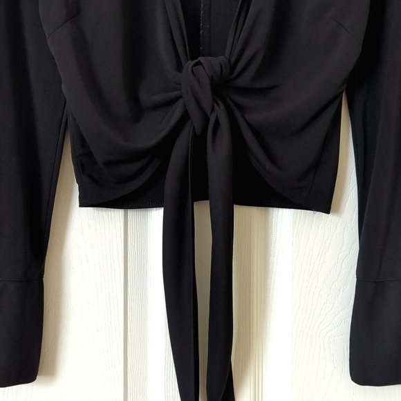 Monteau 90's Vintage Collared Plunging V-neck Tie Front Cropped Long Sleeve Top - Picture 6 of 10